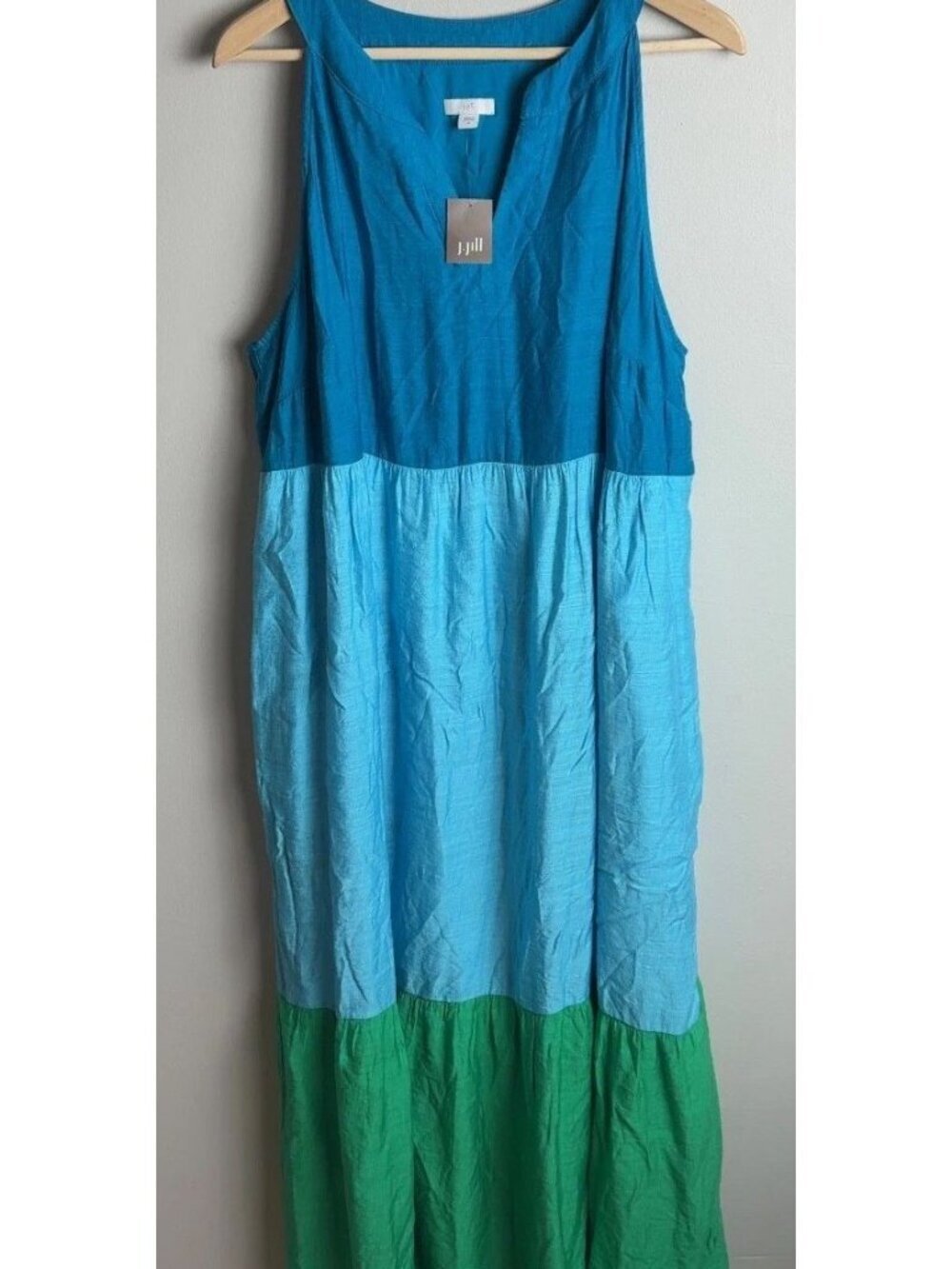 NWT J.Jill Colorblock Tiered Maxi Dress Blue Green Size XL Sleeveless Pockets Wm